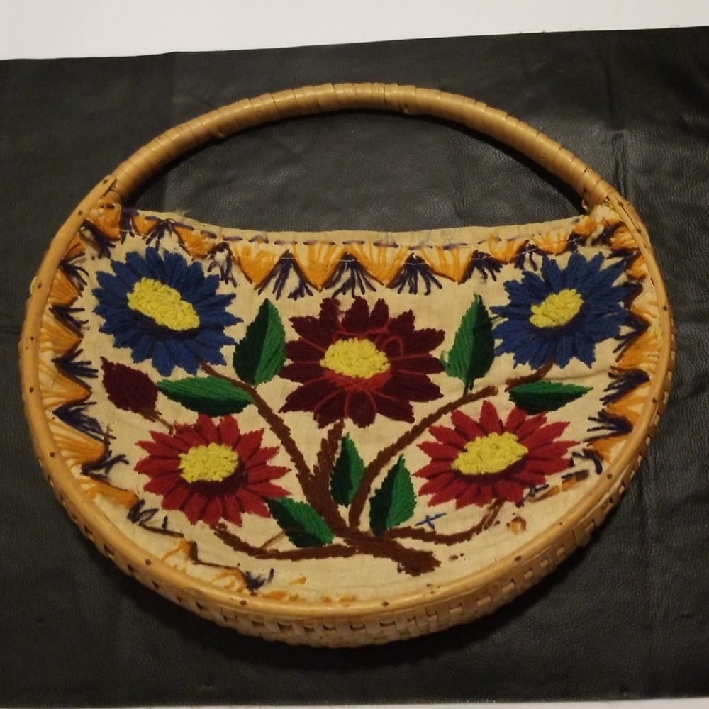 Handbag 8.5 by 12 inch yarn embroidered wicker